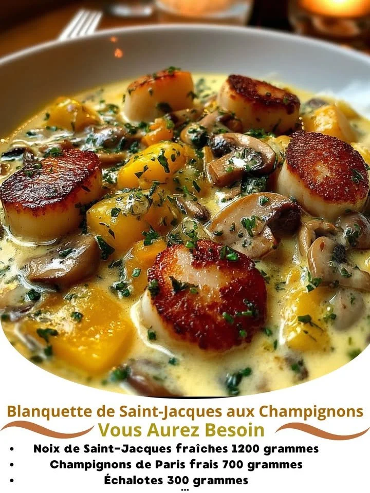 Scallops in cream sauce with mushrooms garnished for a gourmet seafood dish