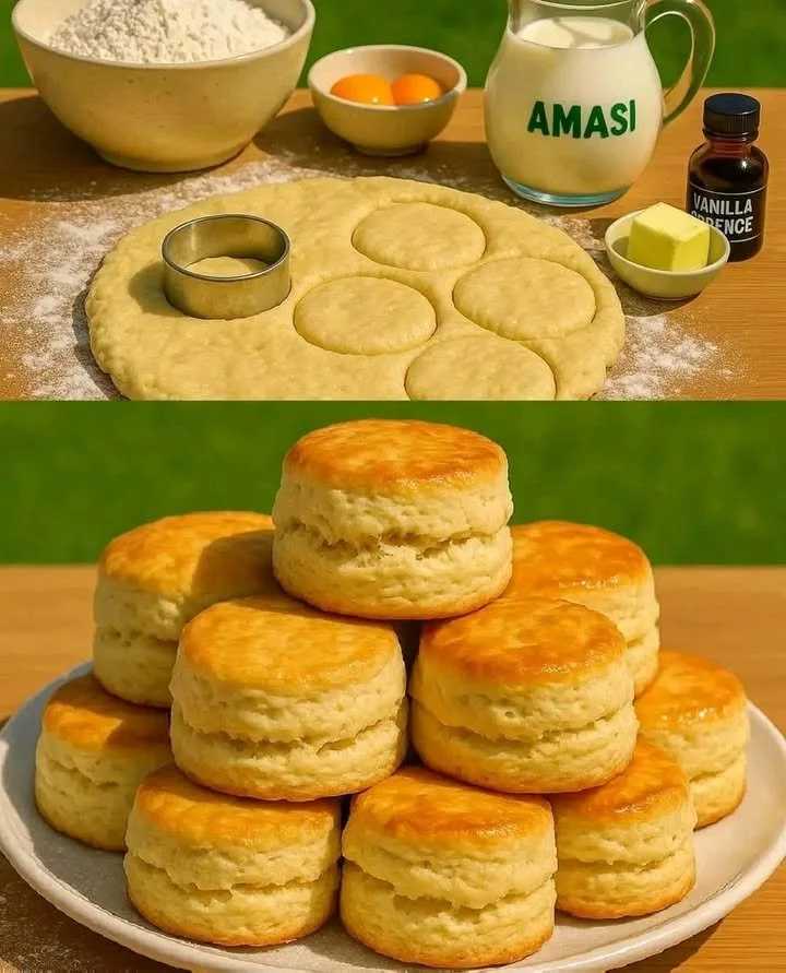 Freshly baked scones on a rustic table with jam and cream