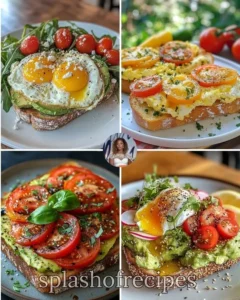 Scrambled eggs served on toast with avocado for a healthy breakfast