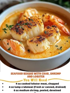 Delicious seafood bisque featuring crab, shrimp, and lobster served in a bowl.