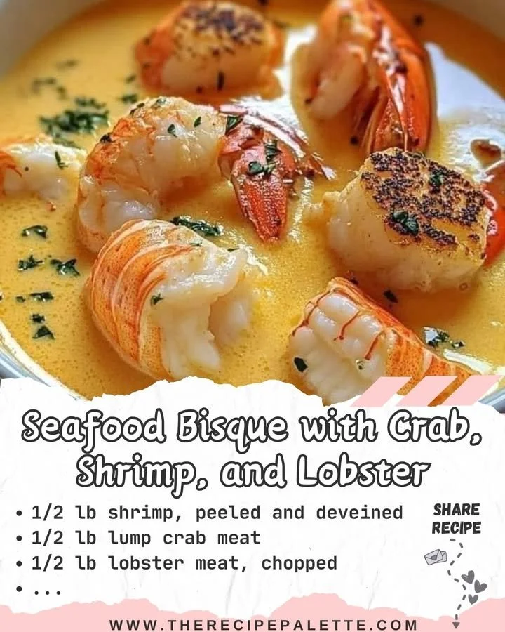 Delicious Seafood Bisque with crab, shrimp, and lobster in a creamy bowl