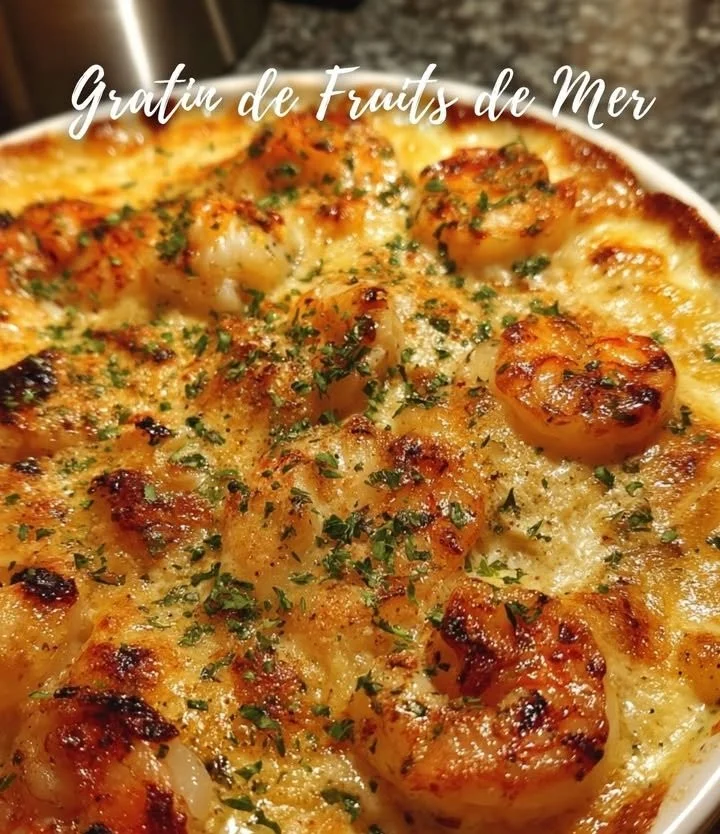 Delicious seafood gratin with shrimp and scallops topped with cheese.