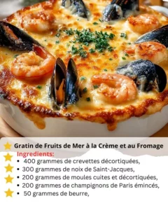 Delicious Seafood Gratin baked with cream and cheese, served in a dish.