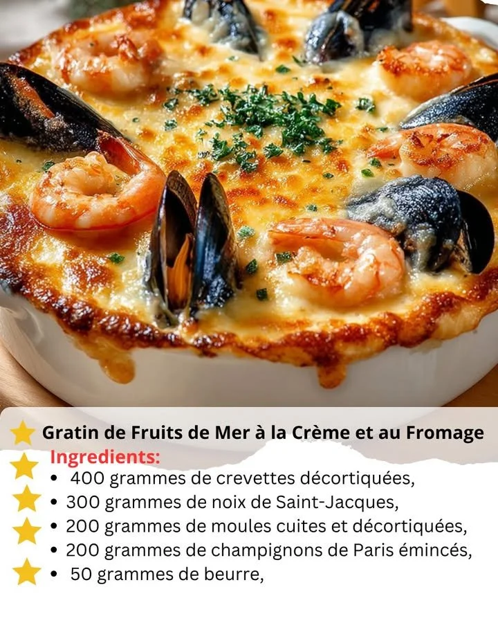 Delicious Seafood Gratin topped with creamy cheese and baked to perfection
