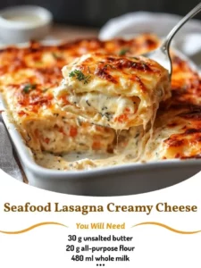 A delicious serving of seafood lasagna with shrimp, crab, and cheese layers