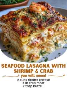 Delicious Seafood Lasagna with Shrimp and Crab served in a creamy sauce