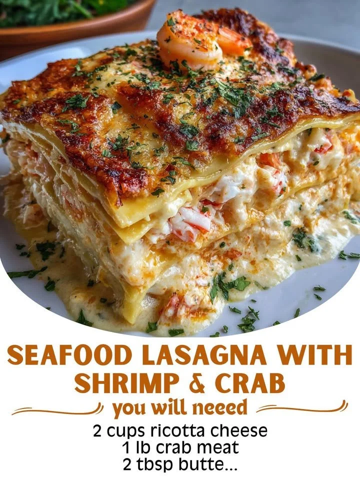 Delicious Seafood Lasagna with Shrimp and Crab served in a creamy sauce