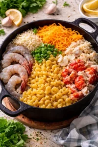 Delicious Seafood Mac and Cheese served in a bowl with seafood and cheese melting on top