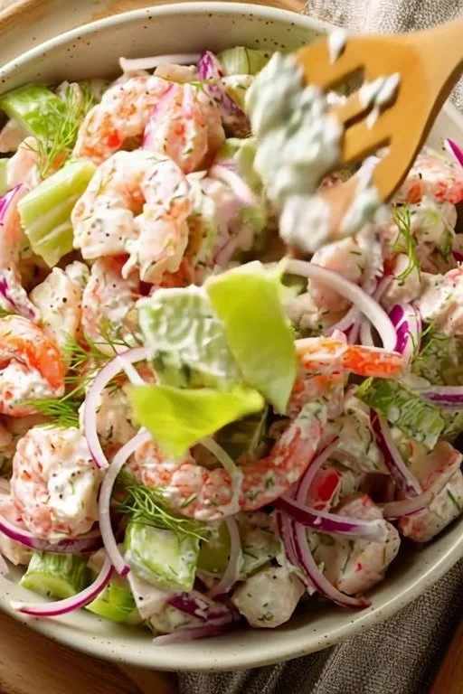 Colorful seafood salad with shrimp, crab, and fresh vegetables in a bowl