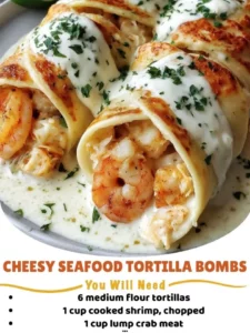 Delicious seafood tortilla bake topped with cheese and herbs