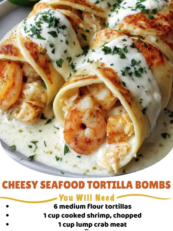 Delicious seafood tortilla bake topped with cheese and herbs