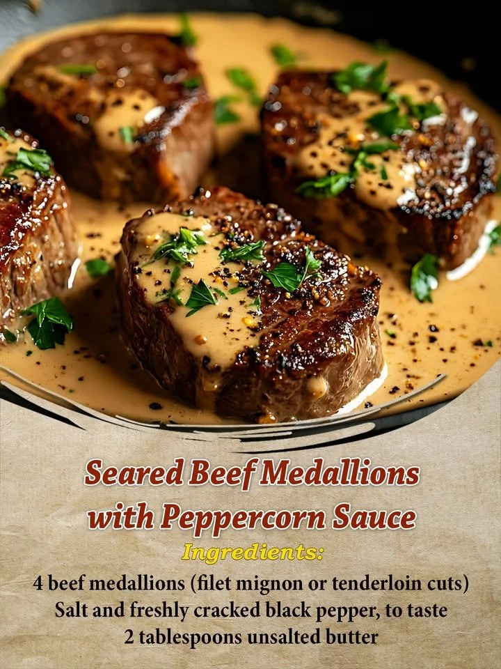Seared beef medallions served with a creamy peppercorn sauce on a plate