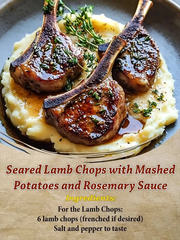 Seared lamb chops with mashed potatoes and rosemary sauce on a plate