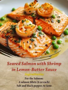 Seared salmon fillet with shrimp in lemon-butter sauce presentation