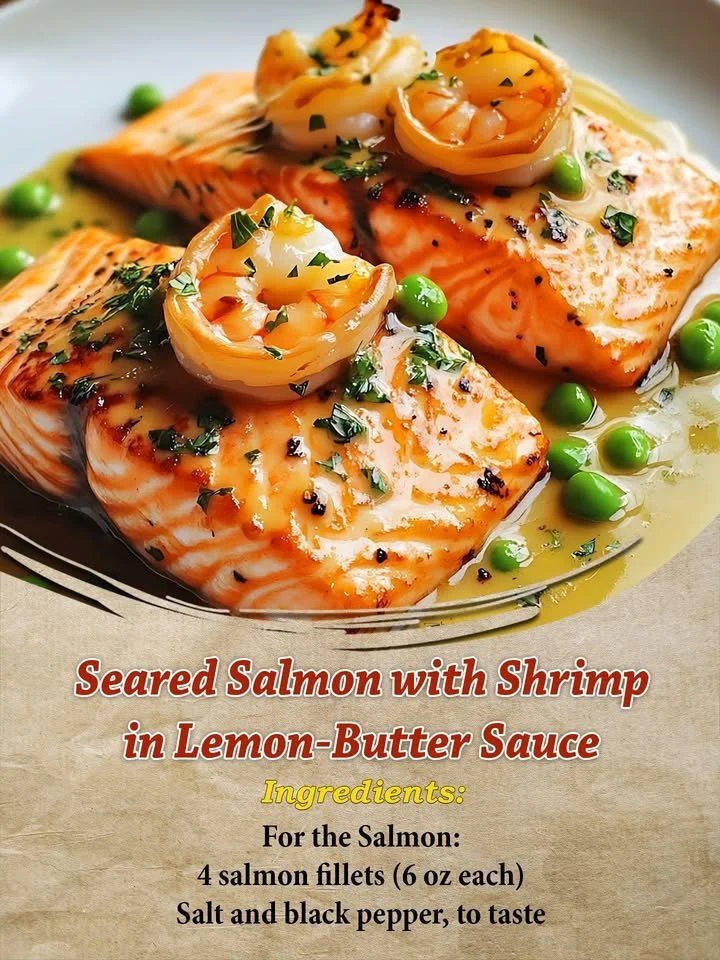 Seared salmon fillet with shrimp in lemon-butter sauce presentation
