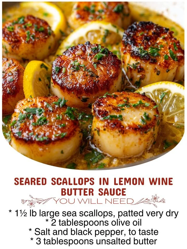 Delicious seared scallops in lemon wine butter sauce served on a plate.