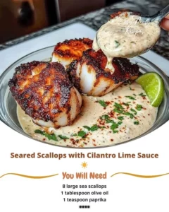 Delicious seared scallops with cilantro lime sauce on a white plate
