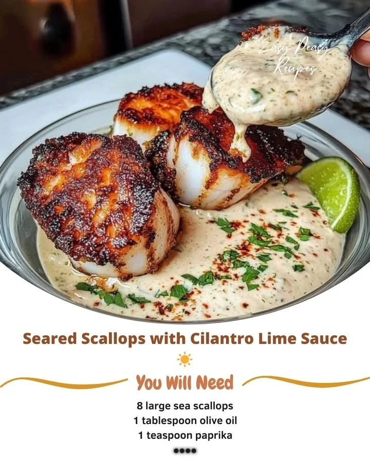 Delicious seared scallops with cilantro lime sauce on a white plate
