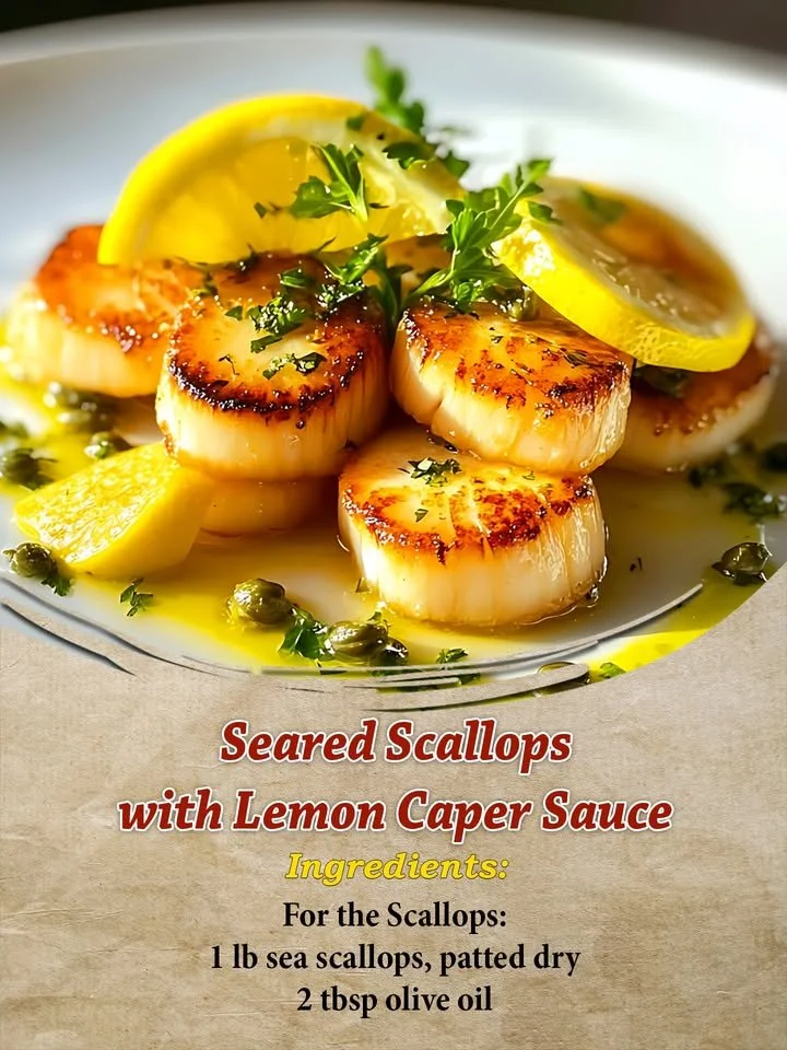 Seared scallops served with lemon caper sauce on a white plate
