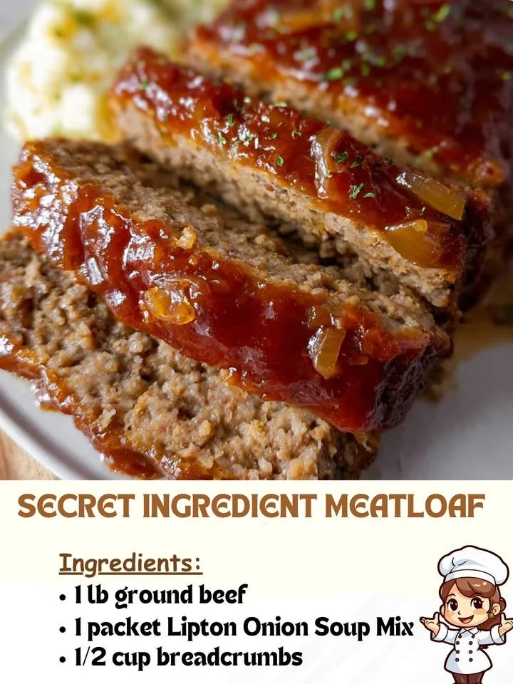 Delicious Secret Ingredient Meatloaf served with mashed potatoes and green beans