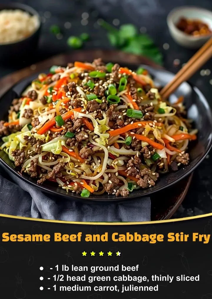 Dish of sesame beef stir fry with cabbage on a plate