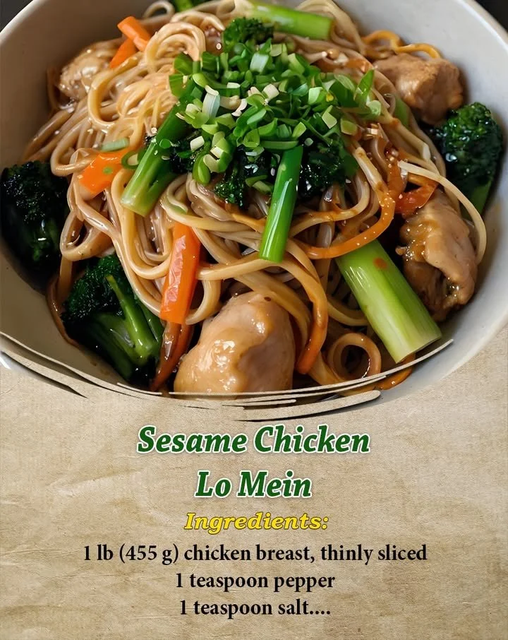 Delicious plate of Sesame Chicken Lo Mein with vegetables and sesame seeds