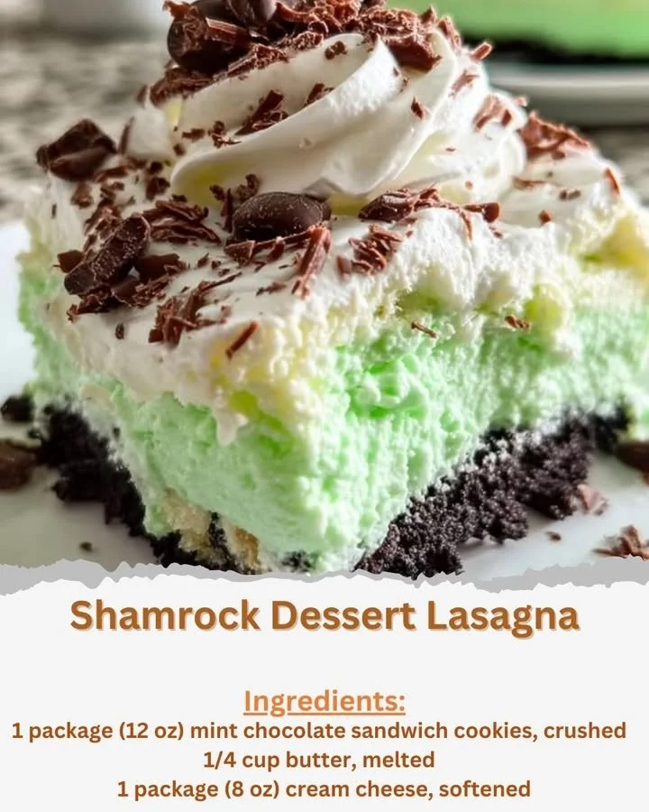 Layers of Shamrock Dessert Lasagna with green and white colors for festive celebrations.