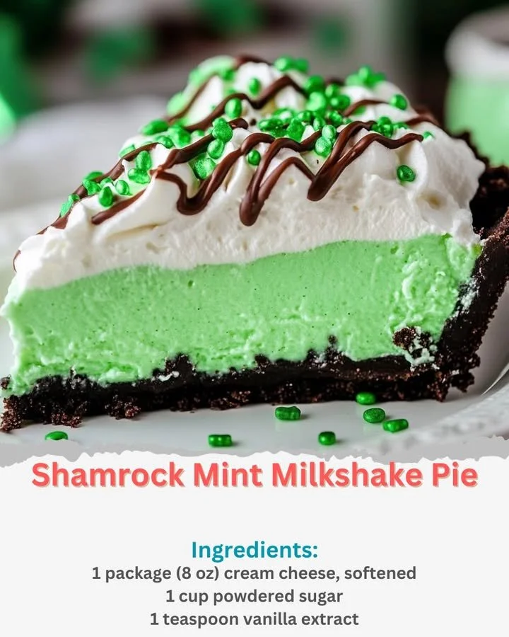 Shamrock Mint Milkshake Pie topped with whipped cream and mint leaves