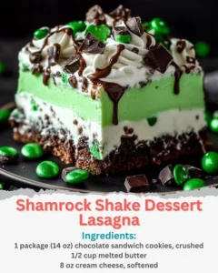 Shamrock Shake Dessert Lasagna, a layered minty dessert delight.