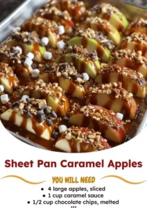 Delicious sheet pan caramel apples ready to be served as a sweet treat.
