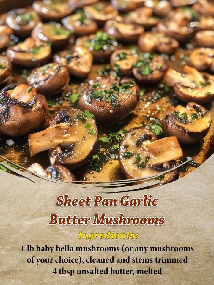 Roasted sheet pan garlic butter mushrooms with herbs ready to serve.