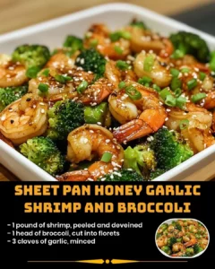 Sheet Pan Honey Garlic Shrimp with Broccoli cooked on a sheet pan.