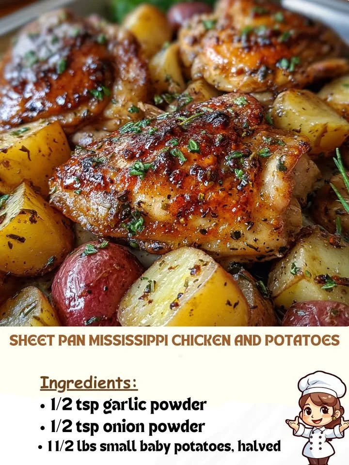 Sheet pan with Mississippi Chicken and Potatoes ready to serve