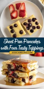 Delicious sheet pan pancakes topped with fresh fruit and melted chocolate