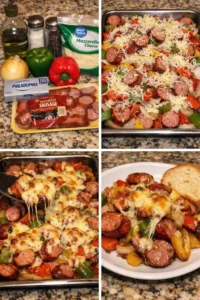 Sheet Pan Sausage and Peppers topped with melty cheese