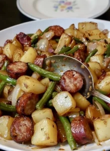 Sheet pan sausage recipe with green beans and potatoes for easy dinners