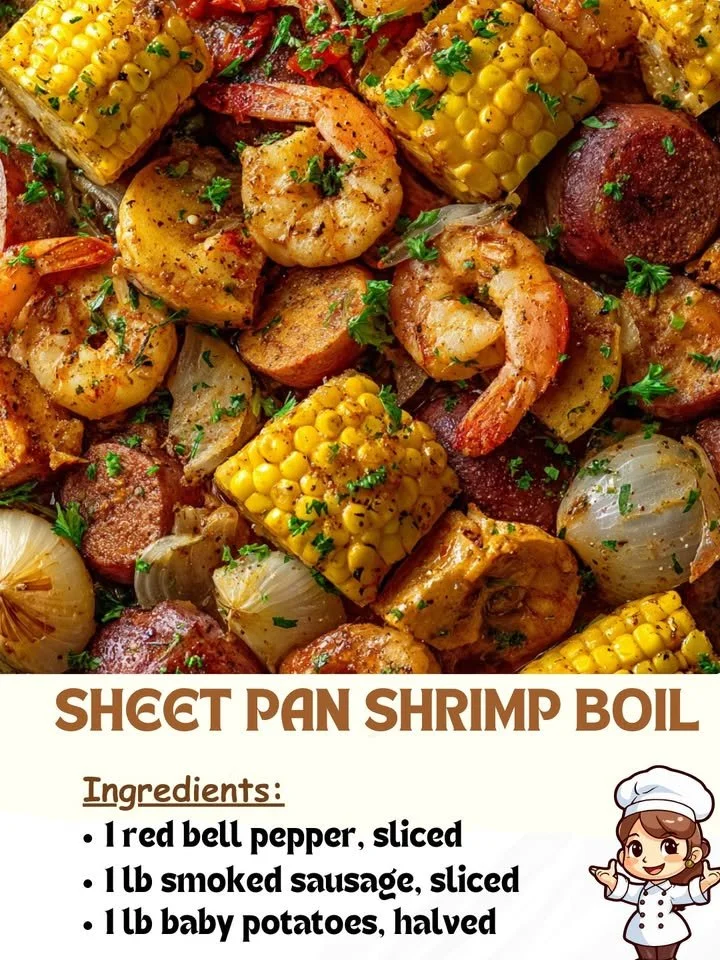 Delicious sheet pan shrimp boil served with corn and potatoes