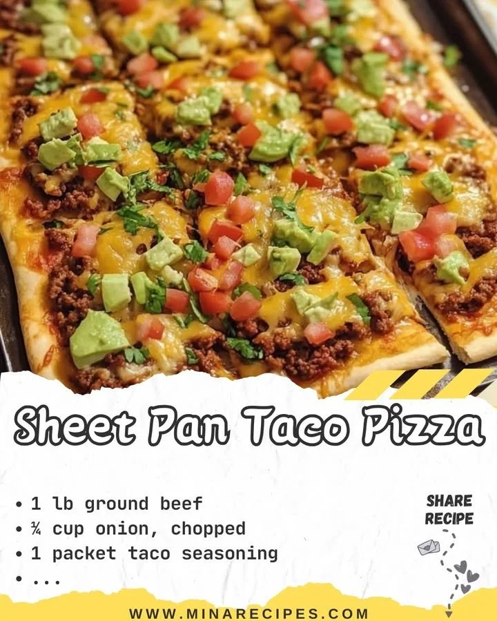 Sheet Pan Taco Pizza topped with cheese, lettuce, and tomato
