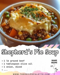 Delicious bowl of Shepherd's Pie Soup with vegetables and meat