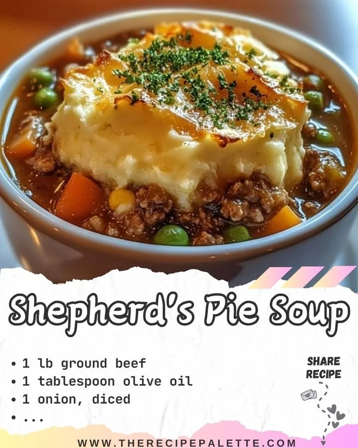 Delicious bowl of Shepherd's Pie Soup with vegetables and meat