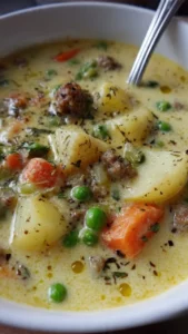 Bowl of hearty Shepherd's Pie Soup with meat, vegetables, and mashed potatoes