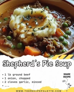 Bowl of comforting Shepherd's Pie Soup with vegetables and potatoes on top