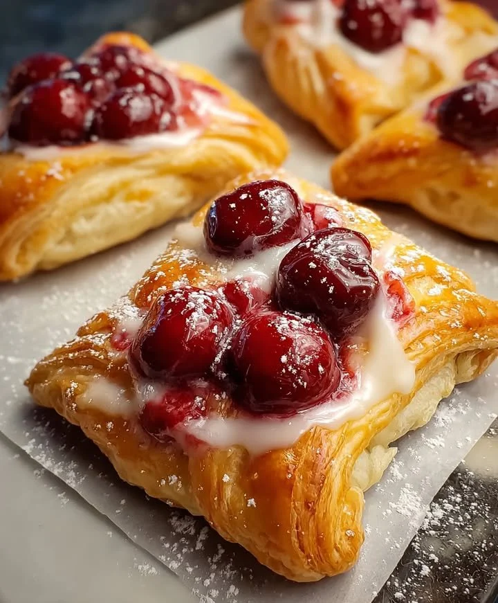 Freshly baked shortcut cherry danish topped with icing.