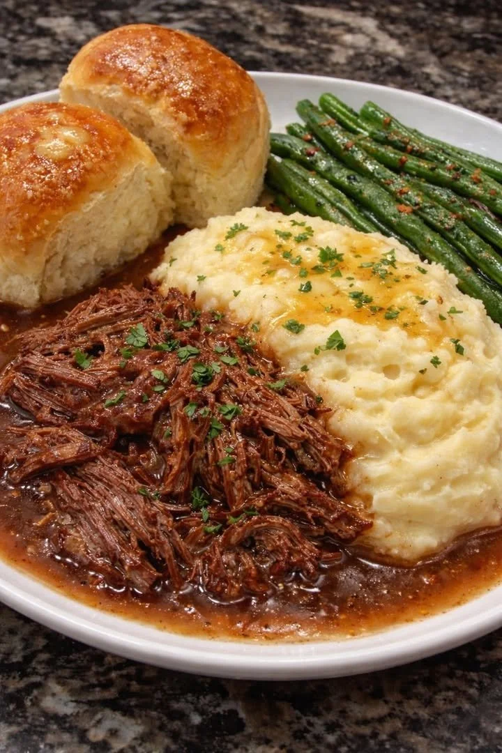 Delicious plate of shredded beef in gravy served with mashed potatoes