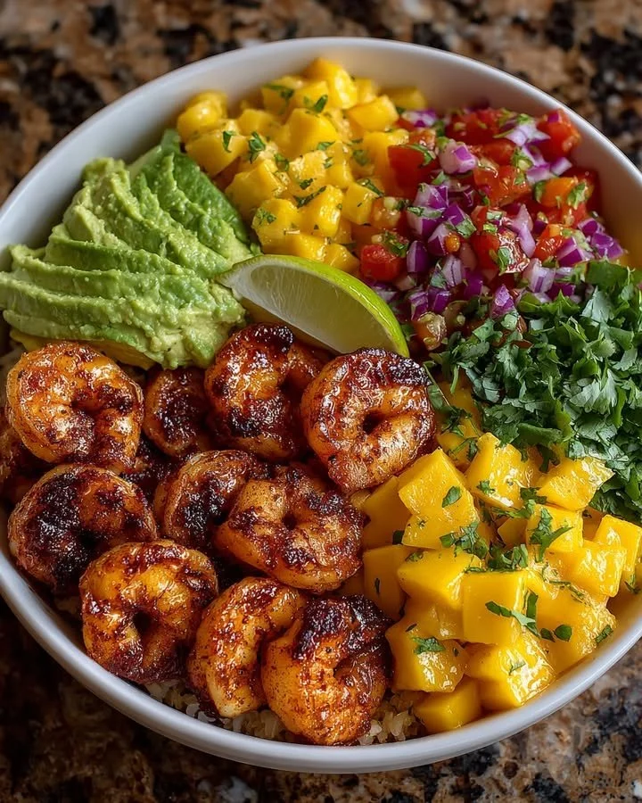 Shrimp avocado bowl with mango salsa and lime-chili sauce garnished with herbs