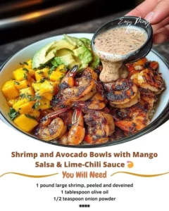 Shrimp avocado bowl with mango salsa and lime-chili sauce