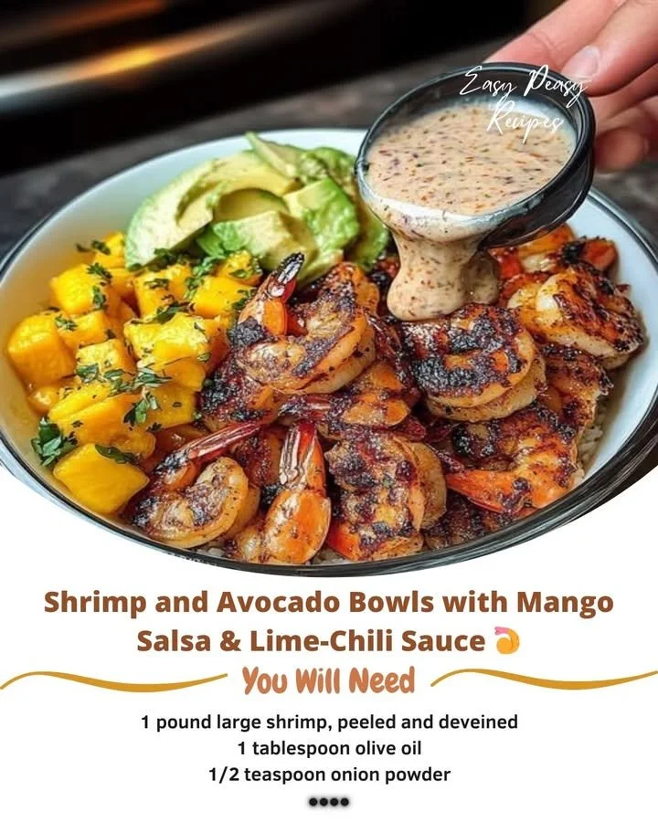 Shrimp avocado bowl with mango salsa and lime-chili sauce