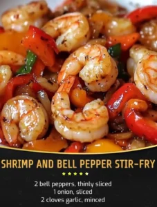 Shrimp stir-fry with colorful bell peppers on a plate