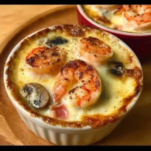 Shrimp and leek casserole gratinated with cream in a baking dish