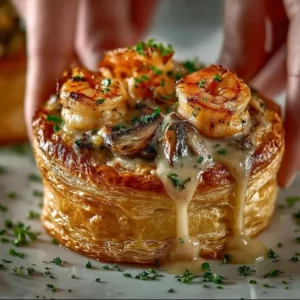 Shrimp and Mushroom Vol-au-Vent served on a plate with garnish